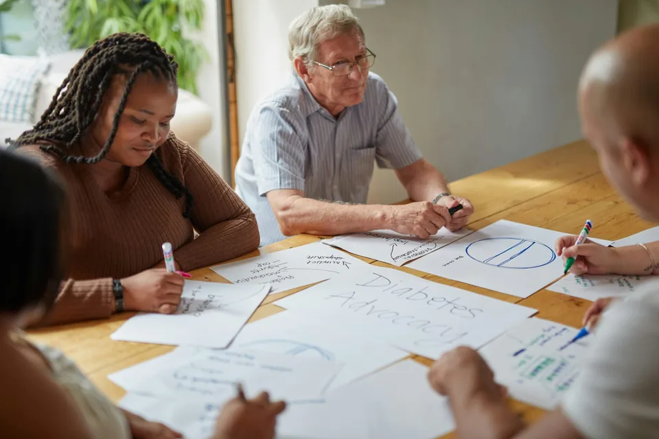 Four people around a table writing on large sheets of paper during a workshop on diabetes advocacy.